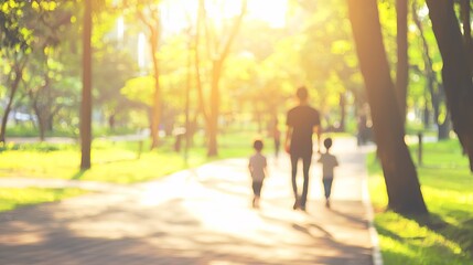 Fototapeta premium A father walking with two children in a sunlit park, creating a warm and serene family moment.