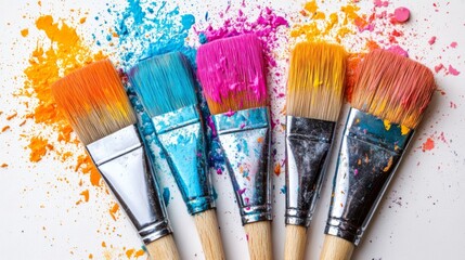 Fototapeta premium Paintbrushes with colorful paint splashes on a white surface