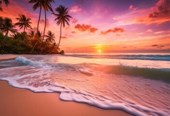 idyllic beach scene showcasing vibrant sunsets reflected gentle waves surrounded lush palm trees sparkling sands, sea, sky, clouds, horizon, nature, water