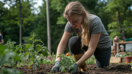 Woman planting tomato seedling using trowel in vegetable garden