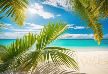 Fototapeta premium vibrant lush palm leaves bordering serene sandy beach turquoise waters under clear blue sky, tropical, ocean, foliage, shoreline, landscape, horizon, plant