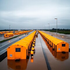 Temporary shelters lined along a flood-affected highway, flood disaster, emergency accommodations