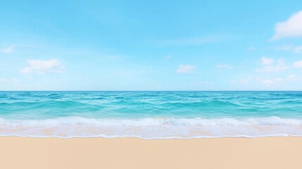 Obraz premium The ocean is calm and the sky is clear. The beach is empty and the water is a beautiful shade of blue.