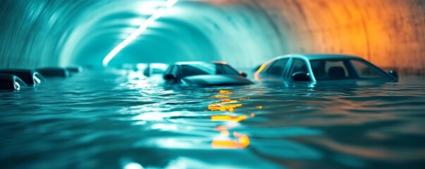Underwater footage of submerged cars in a flooded tunnel, flood disaster, urban impact