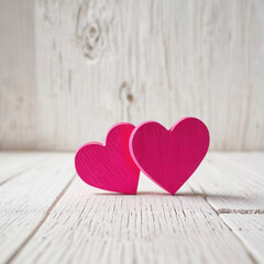 Two pink hearts rest on white wooden planks.