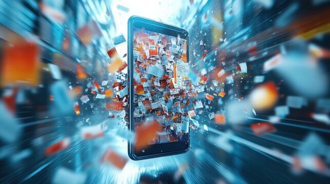 A smartphone emitting a flurry of digital newspapers and magazines, symbolizing fast-paced information flow and modern communication