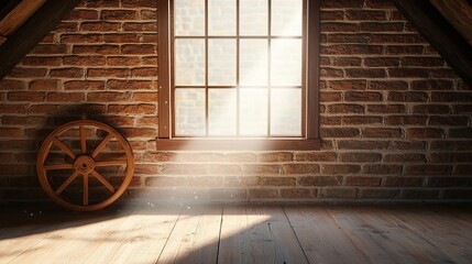 Obraz premium Grandma house vintage antique concept. Sunlight streams through a window in a rustic attic with brick walls.