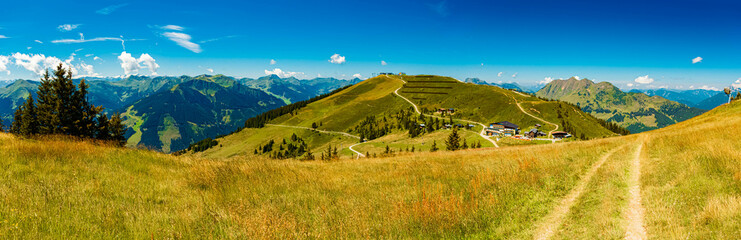 Obraz premium High resolution stitched alpine summer panorama at Mount Asitz, Leogang, Zell am See, Pinzgau, Salzburg, Austria