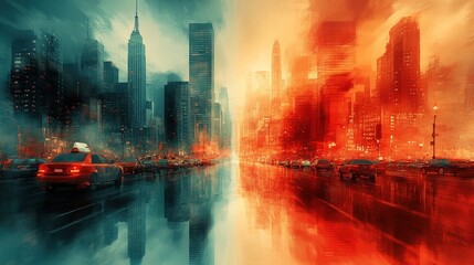 Obraz premium Here's a 10-word description of the image: Cityscape reflected, dual