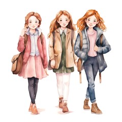 Fototapeta premium Three female students walking together with books and backpacks
