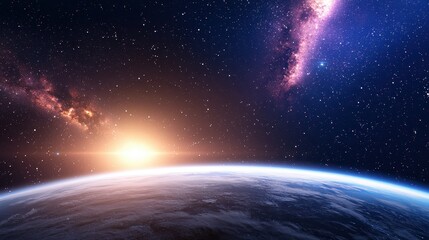 Fototapeta premium Stunning Cosmic Landscape with Earth and Distant Galaxies Illuminated by Sunrise