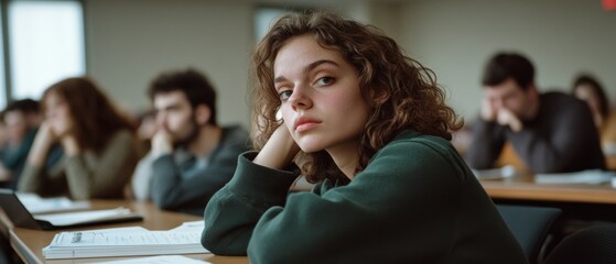 A student leans on her hand, daydreaming in a classroom filled with peers, caught in a moment of reflection amidst learning.