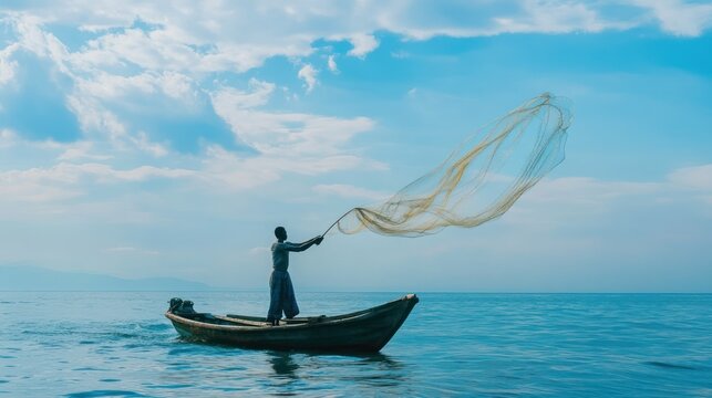 Fisherman casting a net from a boat at sea.