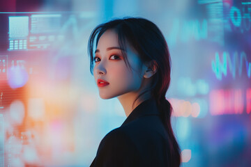 Naklejka premium Confident businesswoman stands poised in a colorful backdrop of digital data and soft lighting