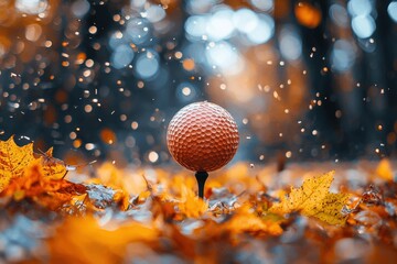 Obraz premium Golf ball on tee amidst autumn leaves, bokeh background; serene autumnal scene.