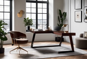 Fototapeta premium chic modern workspace design emphasizing productivity combining minimalism ergonomics natural light sophisticated accessories distraction free environment, f
