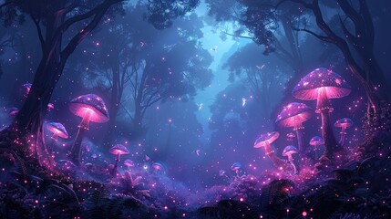 Mystical forest at night with glowing mushrooms.
