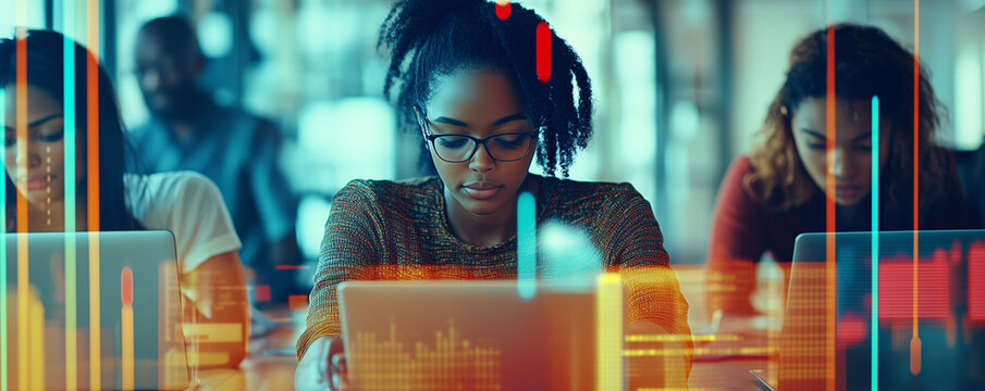 Diverse team collaborating in an open-plan office while focused on laptops during a productive work session