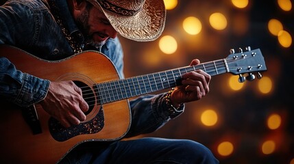 Obraz premium Musician strumming an acoustic guitar with passion under warm, glowing lights in an intimate atmosphere
