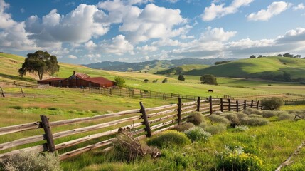 Rustic wooden fence framing lush green pastures in idyllic farm scenery of rural serenity