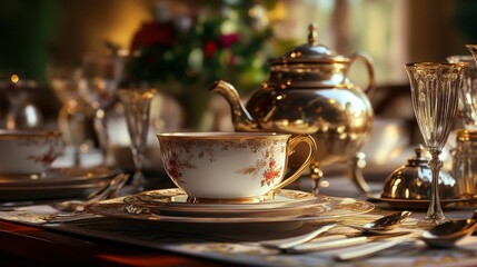 Fototapeta premium Elegant gold teacup, teapot, and silverware setting.