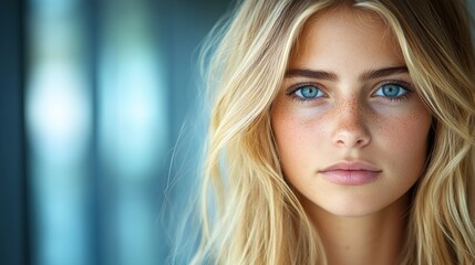 Naklejka premium A young woman with stunning blue eyes and long blonde hair gazes directly at the viewer with confidence