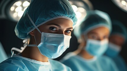 Surgeons focus on their tasks while wearing masks and scrubs in a well lit operating room