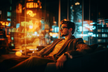 Young entrepreneur engaged in digital work at a modern office during nighttime with vibrant city lights in the background