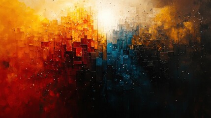 Fototapeta premium Abstract painting; red, orange, blue blocks.