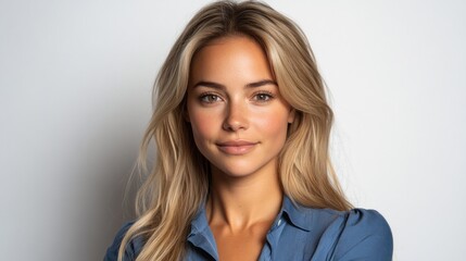 Fototapeta premium Young woman poses confidently with a friendly expression, showcasing her long blonde hair and casual style