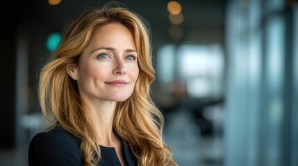 Fototapeta premium A woman with long wavy hair reflects thoughtfully while standing in a contemporary office