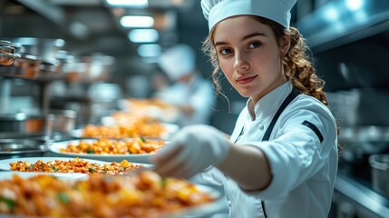 A talented young chef plates gourmet dishes in a bustling kitchen, showcasing culinary skills and teamwork