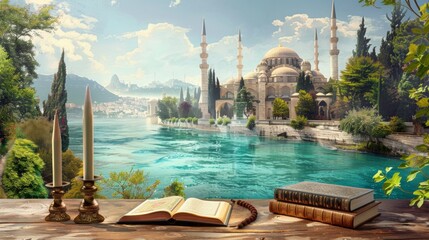 Naklejka premium A serene view of a mosque by a river, seen from a cozy room with an open Quran, cushions, and traditional decor, framed by greenery.