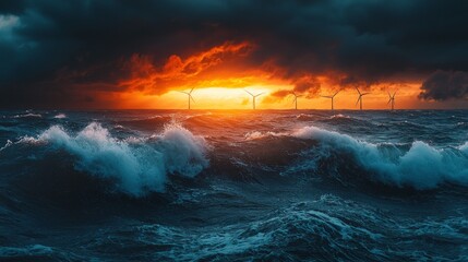 Fototapeta premium Offshore wind turbines rise gracefully from the ocean, their blades outlined by a fiery sunset. Dark clouds loom overhead, while churning waves crash energetically, creating a captivating contrast