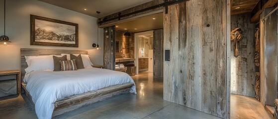 Rustic Master Bedroom With Sliding Barn Door And Concrete Floor