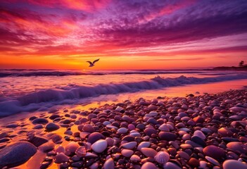 breathtaking beach scene featuring vibrant sunset colors casting radiant glow across waves sand, landscape, colorful, ocean, horizon, clouds, sky, twilight