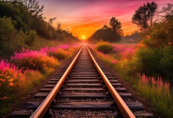 Obraz premium breathtaking sunrise illuminates serene landscape along abandoned train tracks vibrant colors, dawn, horizon, sky, clouds, scenery, nature, light, beauty
