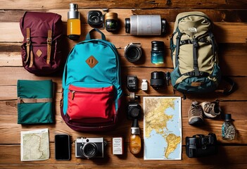 creative dynamic flat lay display travel essentials accompanied organized itinerary adventure enthusiasts, airport, backpack, beach, booking, charger