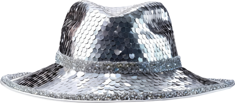 A stylish silver sequin hat with a wide brim and a shimmering surface, perfect for making a fashion statement.