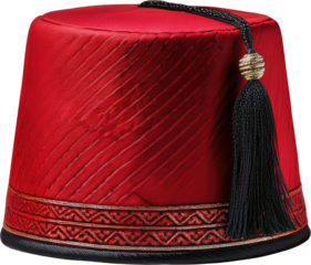 A vibrant red fez hat with intricate patterns and a black tassel, traditionally worn in various cultures.