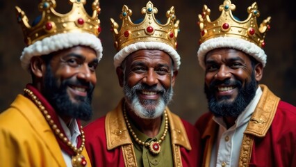Obraz premium Three smiling, diverse men wearing gold crowns and festive red and gold robes look directly at the camera, representing a modern take on the Three Wise Men. Concept of Three Kings Day or Epiphany.