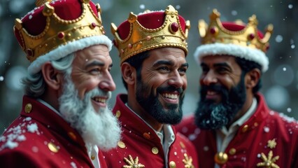 Obraz premium Three smiling, diverse men in festive red robes and gold crowns celebrate Three Kings Day amidst falling snow. Concept of Three Kings Day celebration.
