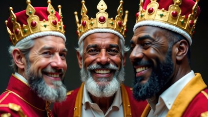 Fototapeta premium Three joyful, diverse men wearing gold crowns and red robes smile broadly, representing a modern take on the Three Kings of Epiphany. Concept of Three Kings Day, modern interpretation.