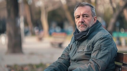 Obraz premium Middle Aged Caucasian Man with Visible Stubble Sitting on Park Bench in Autumn. Concept of Reflection, Seasonal Change, Outdoor Relaxation, Mature Male Portrait