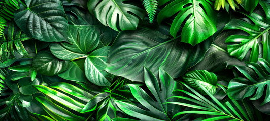 Fototapeta premium Top view of fresh tropical leaves spread out. Concept of lush greenery, exotic plants, nature background, vibrant foliage. Botanical elements, nature design, rainforest decor. Banner. Copy space