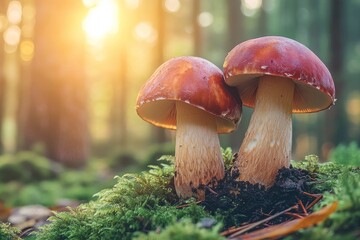 Fototapeta premium Two red capped mushrooms growing amid green moss in a sunlit forest during autumn