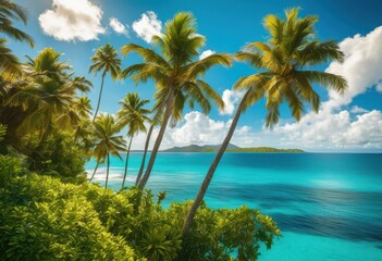 Fototapeta premium stunning collection vibrant palm trees framing lush tropical landscapes bright blue skies golden sunshine, green, foliage, sky, sunset, sunlight, nature