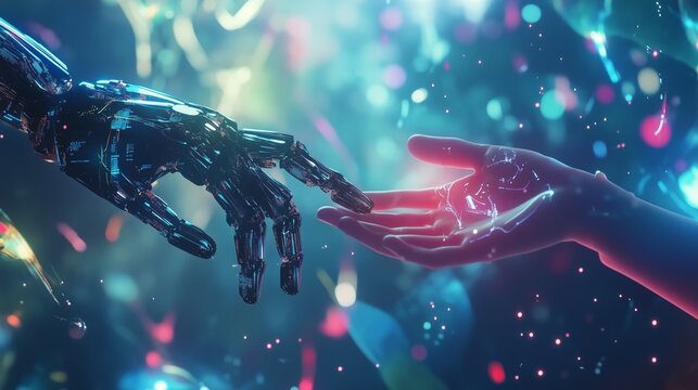 Robotic arm meets human hand above swirling luminous data streams, representing harmonious AI-human collaboration and interconnected digital innovation, futuristic synergy.	
