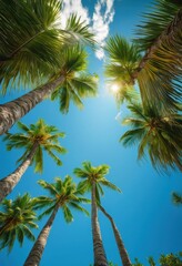 Obraz premium vibrant palm trees surrounded lush tropical foliage clear blue skies create stunning scenic backdrop, greenery, sky, landscape, nature, exotic, plants