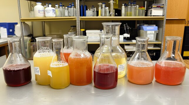 A vibrant display of colorful liquids in glass laboratory flasks, showcasing the chemistry of experimentation.